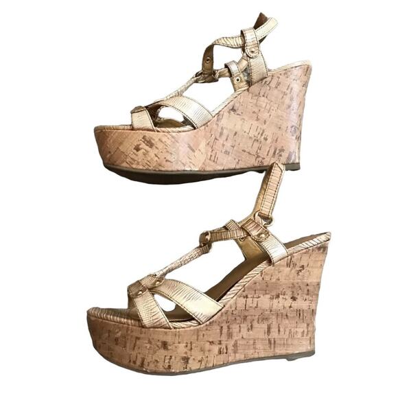 CLASSIFIED Womens Size 5.5 Beige Wedge Block Heel Strappy Peep Toe Shoes Sandals - Picture 4 of 10
